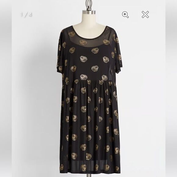 Black Friday Totally Buggin' Babydoll Dress Mesh Black Metallic Bug Print XS NWT - Picture 1 of 11